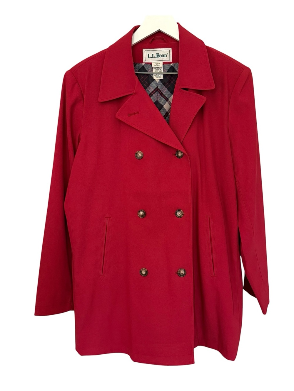 L.L. Bean Red Trench Coat Jacket Womens Size M Double Breasted Plaid Lining